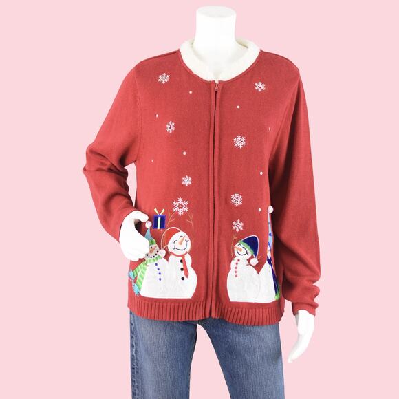 Vintage Christmas Cardigan with Fur Collar, Snowmen &  Snowflakes, Women's XL - Picture 1 of 10